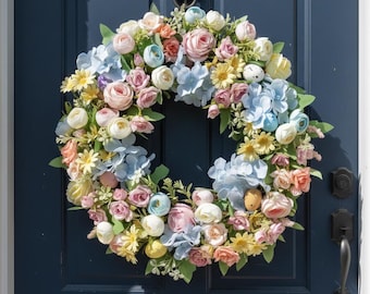 Pastel Easter Wreath with Roses & Hydrangeas, Spring Front Door Decor, Floral Egg Wreath for Home Entrance