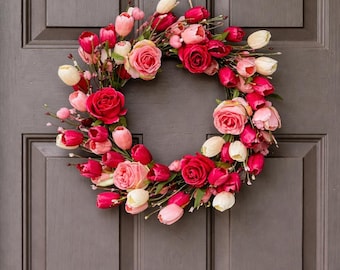 Pink Rose & Tulip Spring Wreath, Romantic Floral Front Door Decor, Valentine Pink Flower Door Wreath