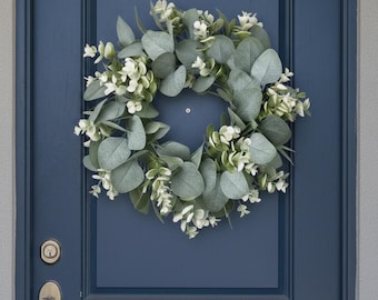 Minimalist Eucalyptus Wreath for Front Door, Modern Greenery Door Decor, Farmhouse Spring Summer Entryway Accent