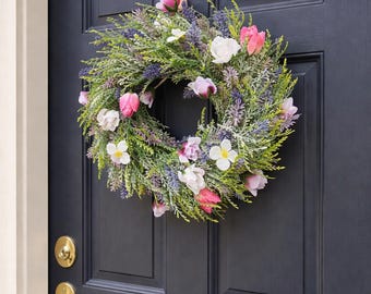 Lavender Spring Floral Wreath for Front Door, Pink Tulip & Wildflower Wreath, Garden Style Door Decor