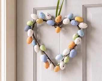 Easter Egg Heart Wreath for Front Door, Pastel Spring Egg Wreath Decoration, Cute Easter Door Decor