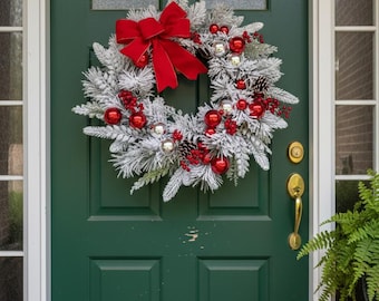 Flocked Christmas Wreath with Red Bow, Winter Front Door Wreath with Pinecones and Ornaments, Holiday Entry Decor