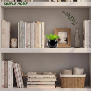 May include: A white bookshelf with various decorative items. The top shelf displays books, a small owl figurine, a potted succulent, a framed picture, and a glass vase. The bottom shelf holds books, a woven basket, and decorative containers. The text "SIMPLE HOME" is visible.