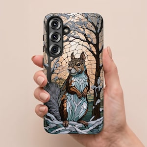 Samsung-hoesje eekhoorn glas-in-lood - Art Nouveau Woodland Winter Design, levendig mozaïek telefoonhoesje