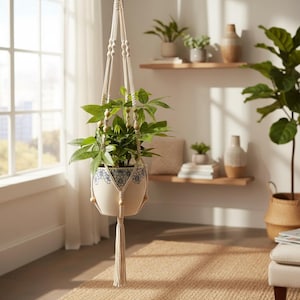 Puede incluir: Un macetero colgante de macramé con una maceta de cerámica con diseño floral azul. La maceta contiene una planta verde frondosa. El macramé es de color crema con cuentas de madera y una larga borla. El fondo incluye estantes con plantas y objetos decorativos.