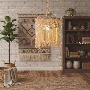 May include: A beige macrame pendant light with a leaf design, hanging from a white ceiling. The light fixture is in a room with a woven wall hanging, a wooden bookshelf, and a potted plant.