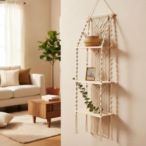 Puede incluir: Una estantería colgante de macramé con tres estantes de madera. La estantería está hecha de cuerda y madera de color natural, con una parte superior de macramé tejido y flecos decorativos. Una pequeña cesta tejida y una foto enmarcada están en los estantes.
