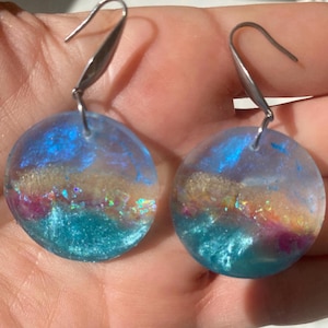 Round Ocean Resin Earrings – Handmade Beach Jewelry with Real Sand, Iridescent Sea Earrings, Coastal Summer Gift