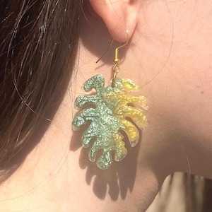 Tropical Leaf Earrings Green Yellow – Handmade Resin Earrings – Monstera Leaf Jewelry – Summer Boho Statement Earrings