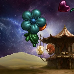 Puede incluir: Ilustración fantástica de un zoológico flotante con diseño de carpa de circo. Globos con forma de flor, tortuga y corazón flotan en el cielo estrellado. El zoológico presenta figuras de animales dentro de globos de cristal colgantes.