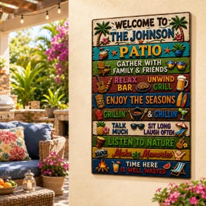 Personalized Family Patio Rules Metal Sign, Tropical Backyard Decor, BBQ Grill Wall Art