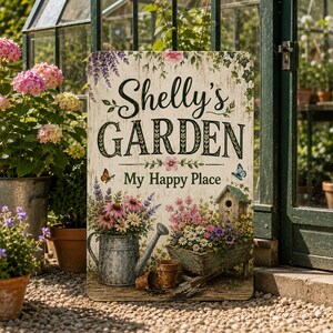 May include: A rectangular metal sign with a weathered white wood texture featuring the text Shelly's GARDEN My Happy Place. The design includes illustrations of a galvanized watering can, a wooden wheelbarrow, a birdhouse, and colorful flowers.