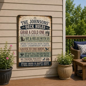 May include: A rectangular metal sign with a distressed finish featuring the text THE JOHNSONS' DECK RULES. It lists humorous guidelines including GRAB A COLD ONE, SIT & RELAX WITH US, SPEND COUNTLESS HOURS TALKING, LISTEN TO THE BIRDS, and NO TALKING POLITICS.