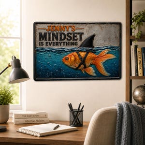 May include: A rectangular metal wall sign featuring a goldfish wearing a black shark fin harness swimming in blue water. The text reads JENNY'S MINDSET IS EVERYTHING in bold black and orange lettering against a textured gray background.