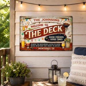 May include: A rectangular wooden sign with a weathered finish featuring the text THE JOHNSONS WELCOME TO THE DECK GOOD FRIENDS GOOD TIMES WHERE THE NEIGHBORS LISTEN TO GOOD MUSIC WHETHER THEY WANT TO OR NOT MONTEREY, TX, with illustrations of drinks.