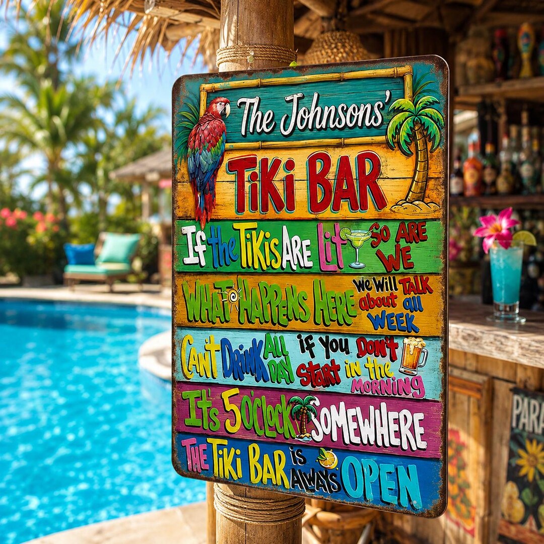 Personalized Tiki Bar Sign, Custom Family Name Tiki Bar Decor, Tropical ...