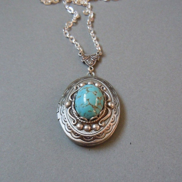Turquoise Locket. Robins egg, Turquoise Glass Cabs in a Classic Oval Silver Locket Necklace. --photo locket. gift for her. Add Initial