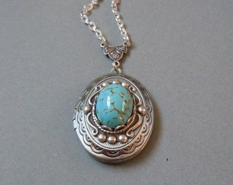 Turquoise Locket. Robins egg, Turquoise Glass Cabs in a Classic Oval Silver Locket Necklace. --photo locket. gift for her. Add Initial