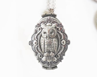 Four Photo Locket, Owl locket.4 photo locket necklace. Silver locket necklace gift for her Family tree Locket ,Christmas Gift
