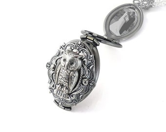 Four Photo Locket, Owl locket.4 photo locket necklace. Silver locket necklace gift for her Family tree Locket  Valentine&#39;s Day Gift