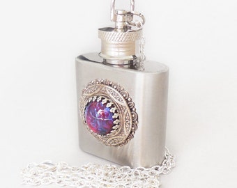 Dragon Breath Fire Opal Silver Flask Necklace Christmas gift,Stainless steel flask,Cremation Ashes Memorial Keepsake,Key Chain Option