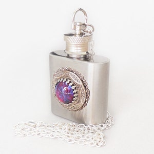 Dragon Breath Fire Opal Silver Flask Necklace Christmas gift,Stainless steel flask,Cremation Ashes Memorial Keepsake,Key Chain Option
