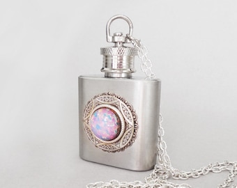 Pink Fire Opal Silver Flask Necklace-Christmas gift,Flask For Women Stainless steel flask,Cremation Ashes Memorial Keepsake,Key Chain Option