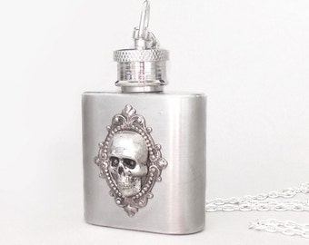 Skull Silver Flask Necklace, Christmas gift, Cremation Ashes Memorial Keepsake, Key Chain Option, Father's Day gift