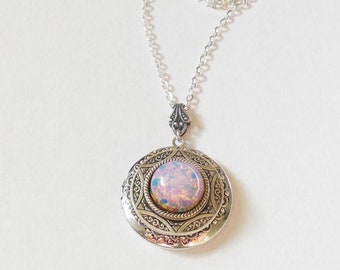 Silver Locket  necklace. Pink  Fire Opal   Necklace-.photo locket gift for her-opal necklace. silver locket valentine's day gift