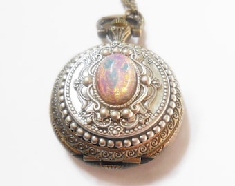 Pocket watch Locket style necklace Pink  Fire Opal Pocket watch  Necklace-Christmas gifts. --gift for her-watch  necklace