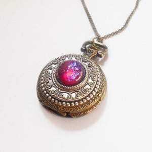 Pocket watch Necklace Dragon Breath Fire Opal Pocket watch Locket style necklace Valentine's gift for her-watch necklace image 3