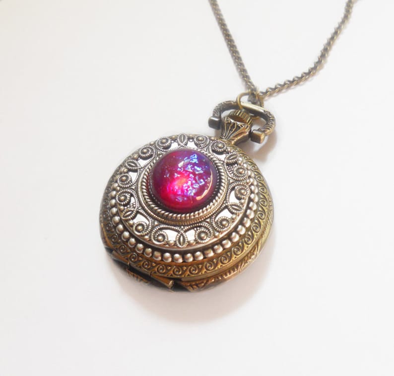 Pocket watch Necklace Dragon Breath Fire Opal Pocket watch Locket style necklace Valentine's gift for her-watch necklace image 3
