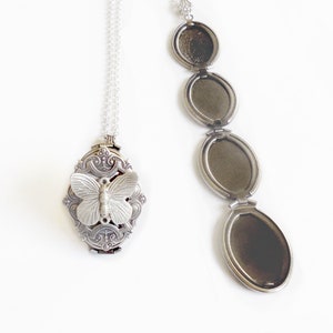 Puede incluir: Un collar con un medall&oacute;n de plata adornado con un dije de mariposa. El medall&oacute;n se abre para revelar varios compartimentos para fotos o recuerdos.
