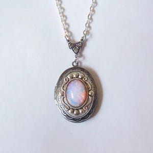 Silver Oval Locket. Pink Fire Opal Necklace. Photo Locket. Opal Locket. Gift For Her. Birthday Gift. Add Initial. Valentine&#39;s Day Gift