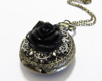 Black Flower Pocket watch necklace. Christmas gift