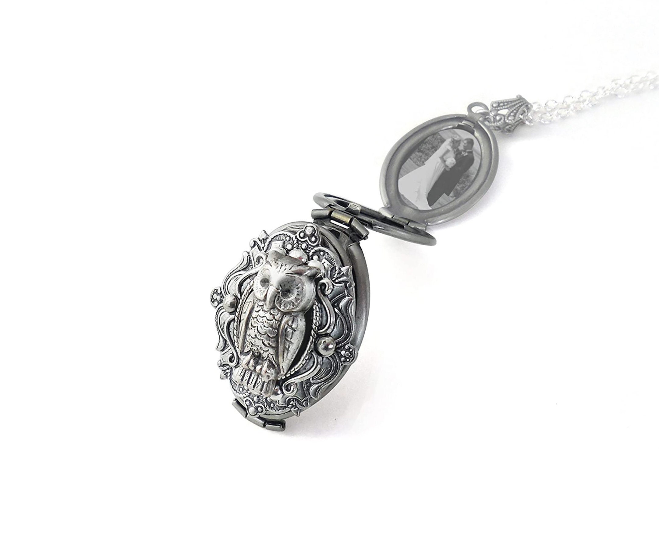 Four Photo Locket, Owl locket.4 photo locket necklace. Silver locket necklace gift for her Family tr