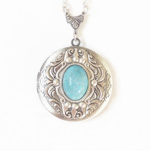 Turquoise Locket. Robins egg,Turquoise Glass Cabs in a Classic Oval Silver Locket Necklace. --photo locket.gift for her.Mothers Day gift