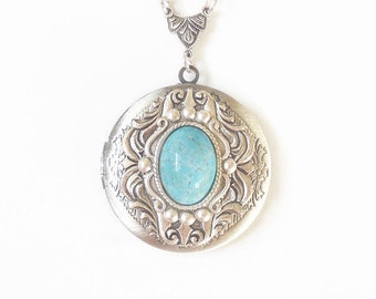 Turquoise Locket. Robins egg,Turquoise Glass Cabs in a Classic Oval Silver Locket Necklace. --photo locket.gift for her.Mothers Day gift
