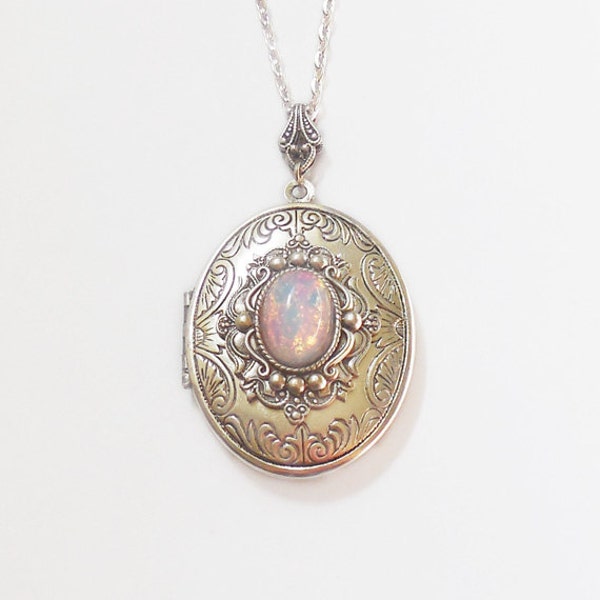 Silver Locket  necklace. Pink  Fire Opal   Necklace--photo locket .opal locket-Valentines day.gift for her-opal necklace.silver locket