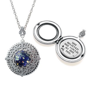 Graduation Gift. Message Locket, she believed she could so she did, Blue opal Silver Locket--photo locket. Antique style Locket.