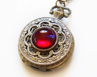 Pocket watch Necklace Dragon Breath Fire Opal Pocket watch Locket style necklace-Christmas gifts for her-watch necklace Pill Box Container