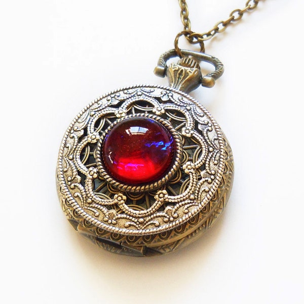 Pocket watch Necklace Dragon Breath Fire Opal Pocket watch Locket style necklace-Christmas gifts for her-watch necklace Pill Box Container