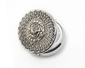 Antique-Style Silver Rose Pill Box, Elegant Victorian-Style Medication Organizer, Pill Case, Birthday Gift, Mother's Day Gift