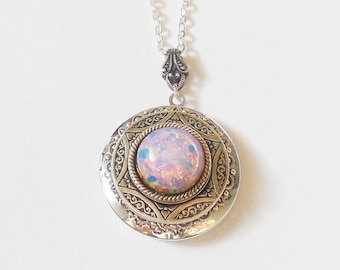Silver photo Locket  necklace. Pink  Fire Opal  Necklace. Photo Locket. Gift For Her. Silver Locket. Valentine's Day Gift