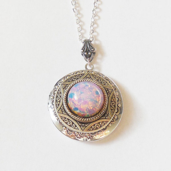 Silver photo Locket  necklace. Pink  Fire Opal  Necklace. Photo Locket. Gift For Her. Silver Locket. Valentine's Day Gift