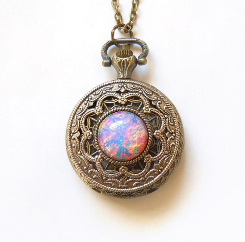 Pocket Watch Locket Style Necklace Pink Fire Opal Pocket Watch Etsy