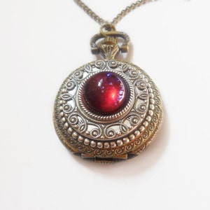 Pocket watch Necklace Dragon Breath Fire Opal Pocket watch Locket style necklace Valentine's gift for her-watch necklace image 2