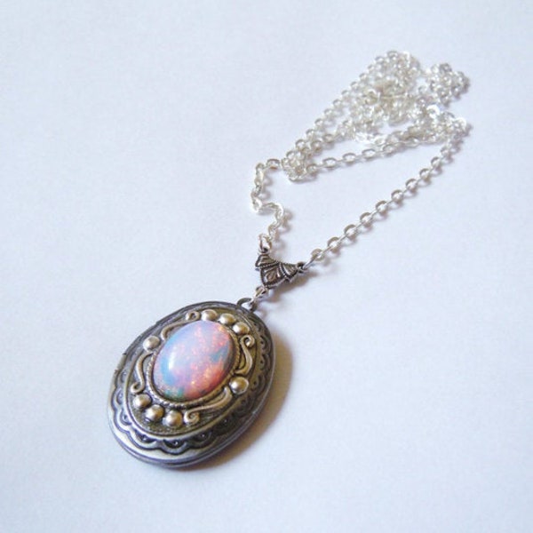 Silver oval Locket necklace.Pink Fire Opal Necklace-photo locket opal locket-gift for her. silver locket,  bridesmaid gift