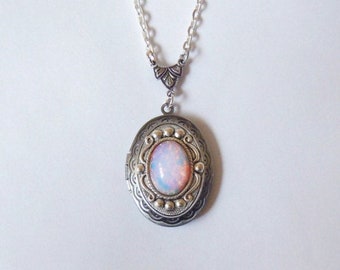 Silver Oval Locket. Pink Fire Opal Necklace. Photo Locket. Opal Locket. Gift For Her. Birthday Gift. Add Initial. Valentine's Day Gift