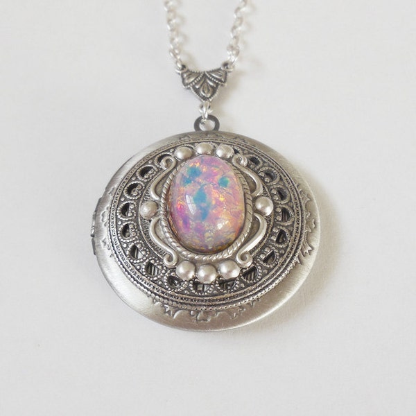 Silver Locket  necklace. Pink  Fire Opal   Necklace--photo locket .opal locket--gift for her-opal necklace.silver locket,bridesmaid gift